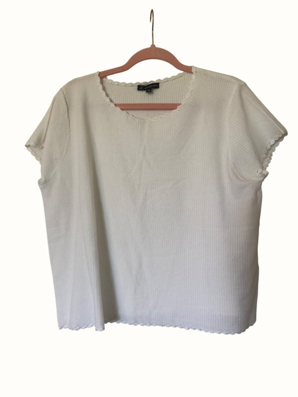 Adrianna Papell Womens White Short Sleeve Textured Knit Top Scalloped Trim Med